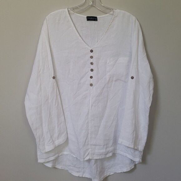 Source Unknown Tops - Terzo Millennio White Linen Tunic Blouse Women’s Med Roll Up Sleeve Breezy